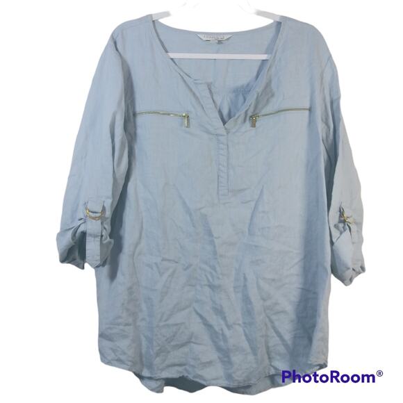 Company by Ellen Tracy Chambray Linen Roll Tab Sleeve Top Size XL - Picture 1 of 6